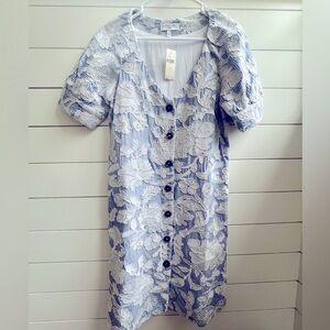 Anthropologie Waverly Grey V-Neck Puff Sleeve Midi Dress. Lace detail.